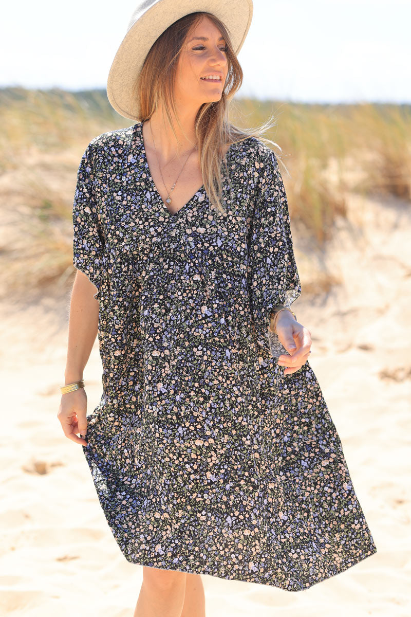 Vestido fluido negro con estampado Liberty pastel Jeanne