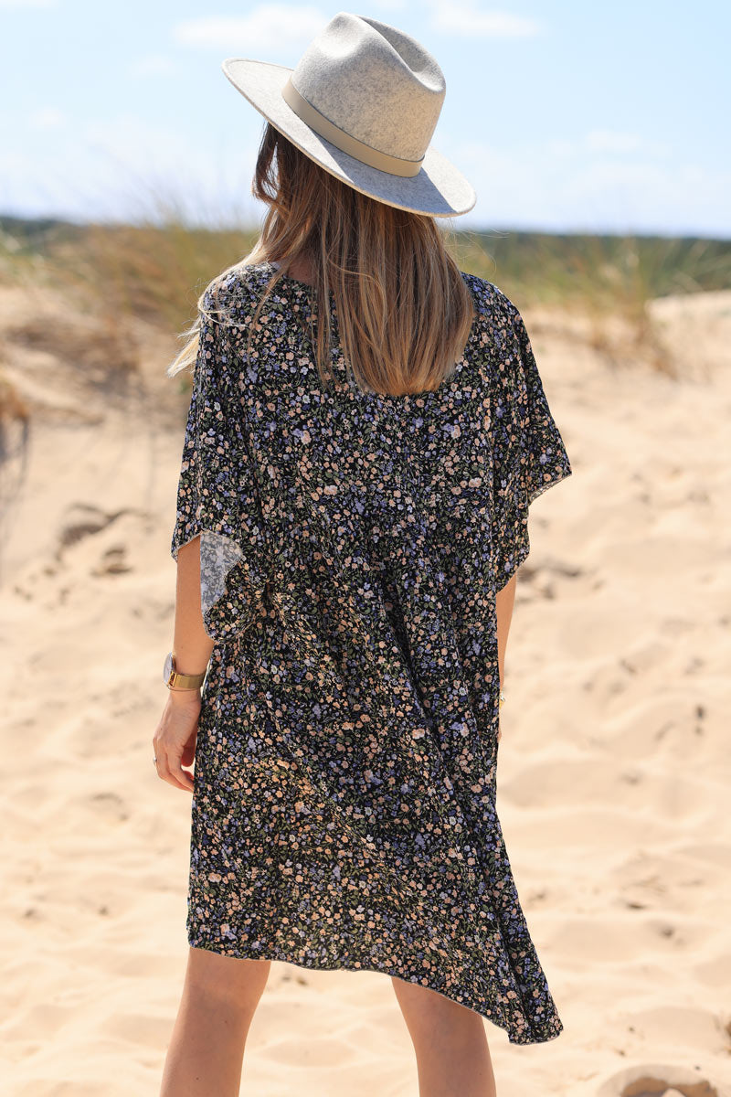 Vestido fluido negro con estampado Liberty pastel Jeanne