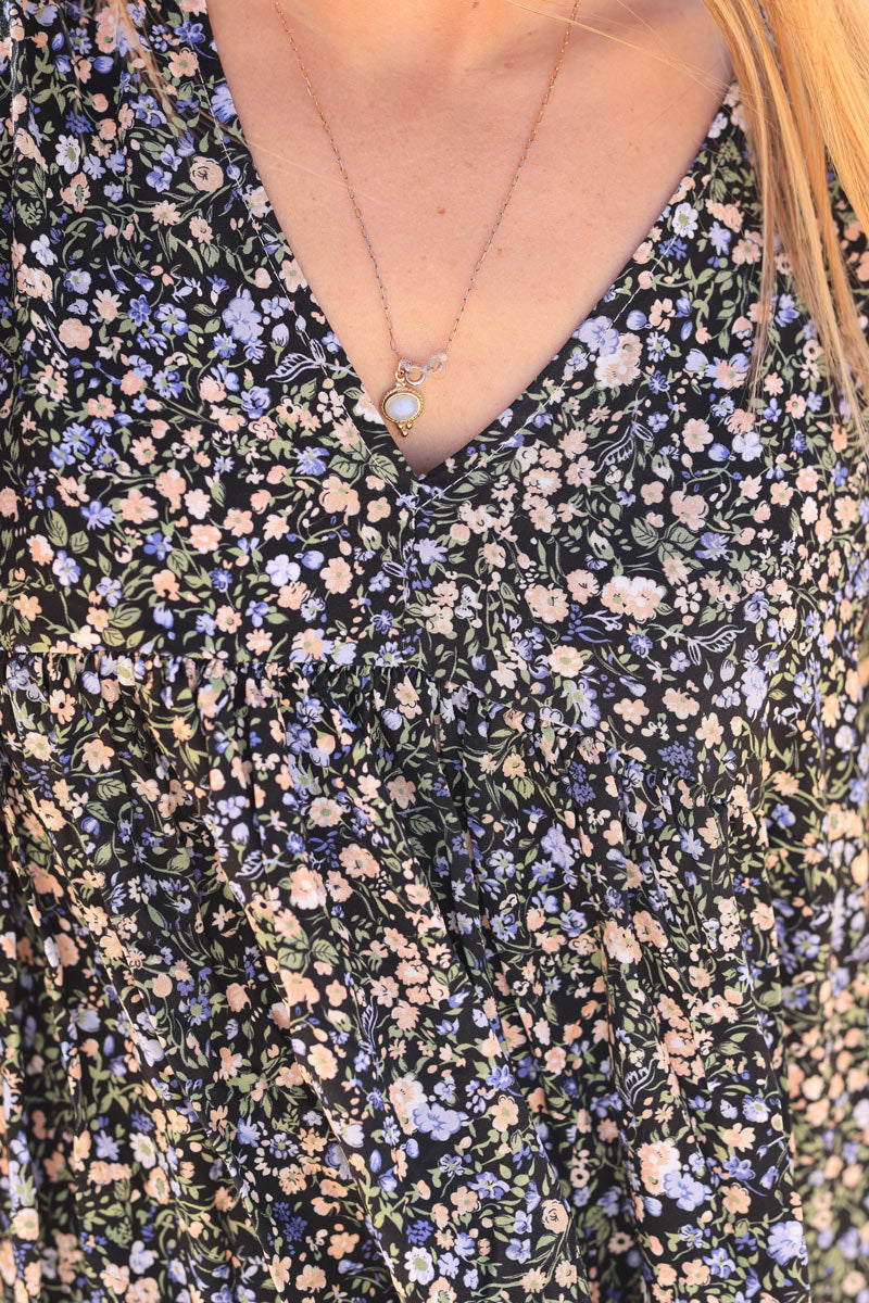 Vestido fluido negro con estampado Liberty pastel Jeanne
