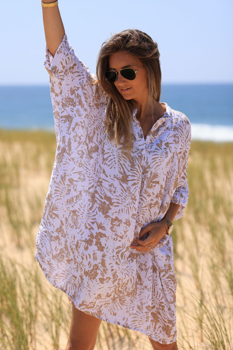 Robe large en coton col v imprimé des iles beige