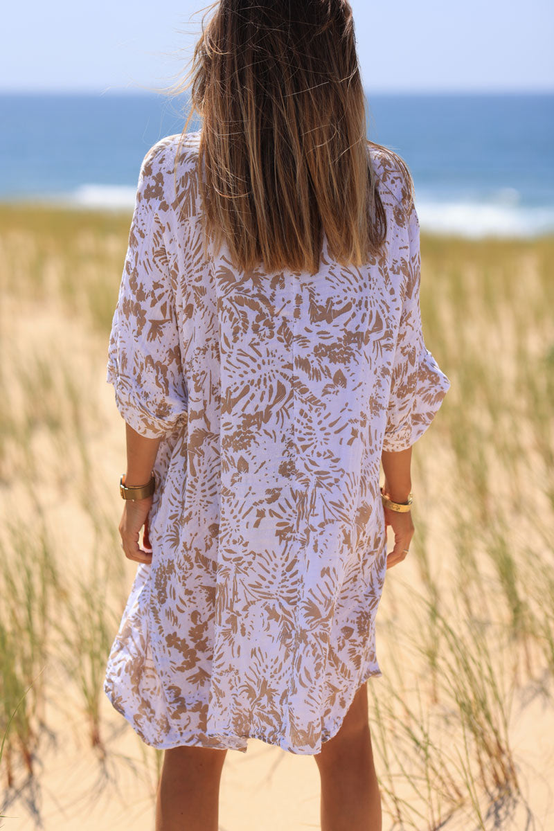 Robe large en coton col v imprimé des iles beige