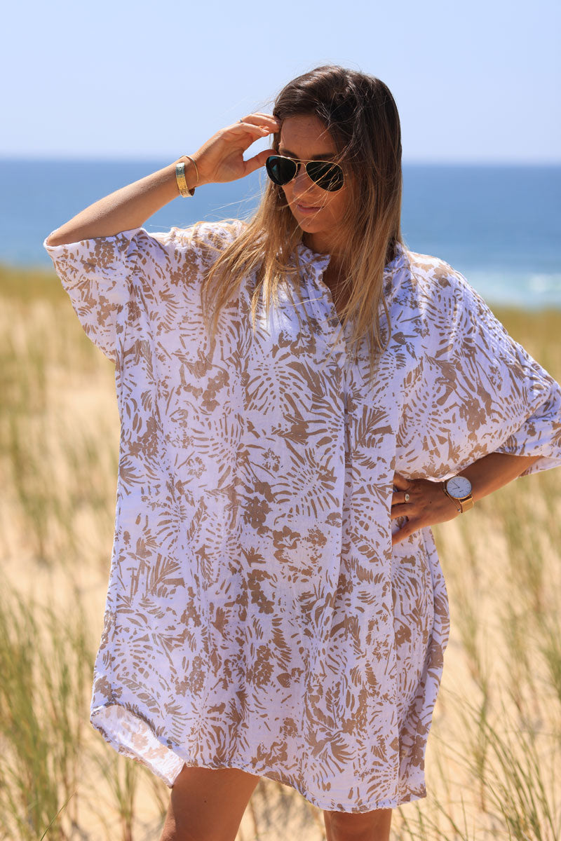 Robe large en coton col v imprimé des iles beige
