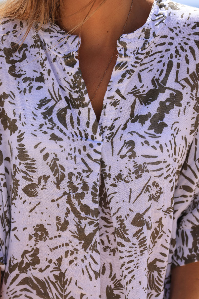 Relaxed fit khaki island print cotton dress