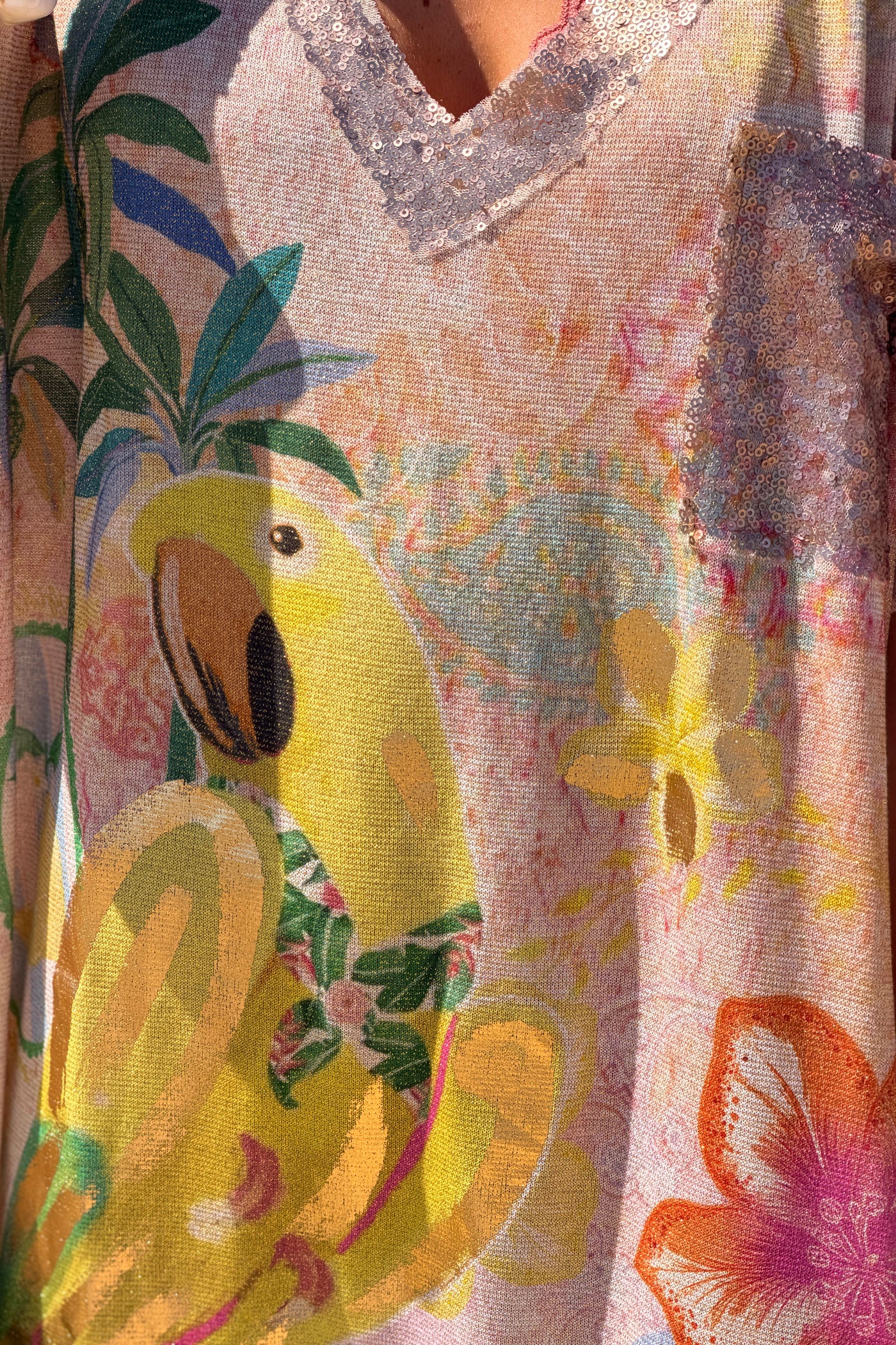 Beige “Lucky” Parrot Glitter Knit Caftan