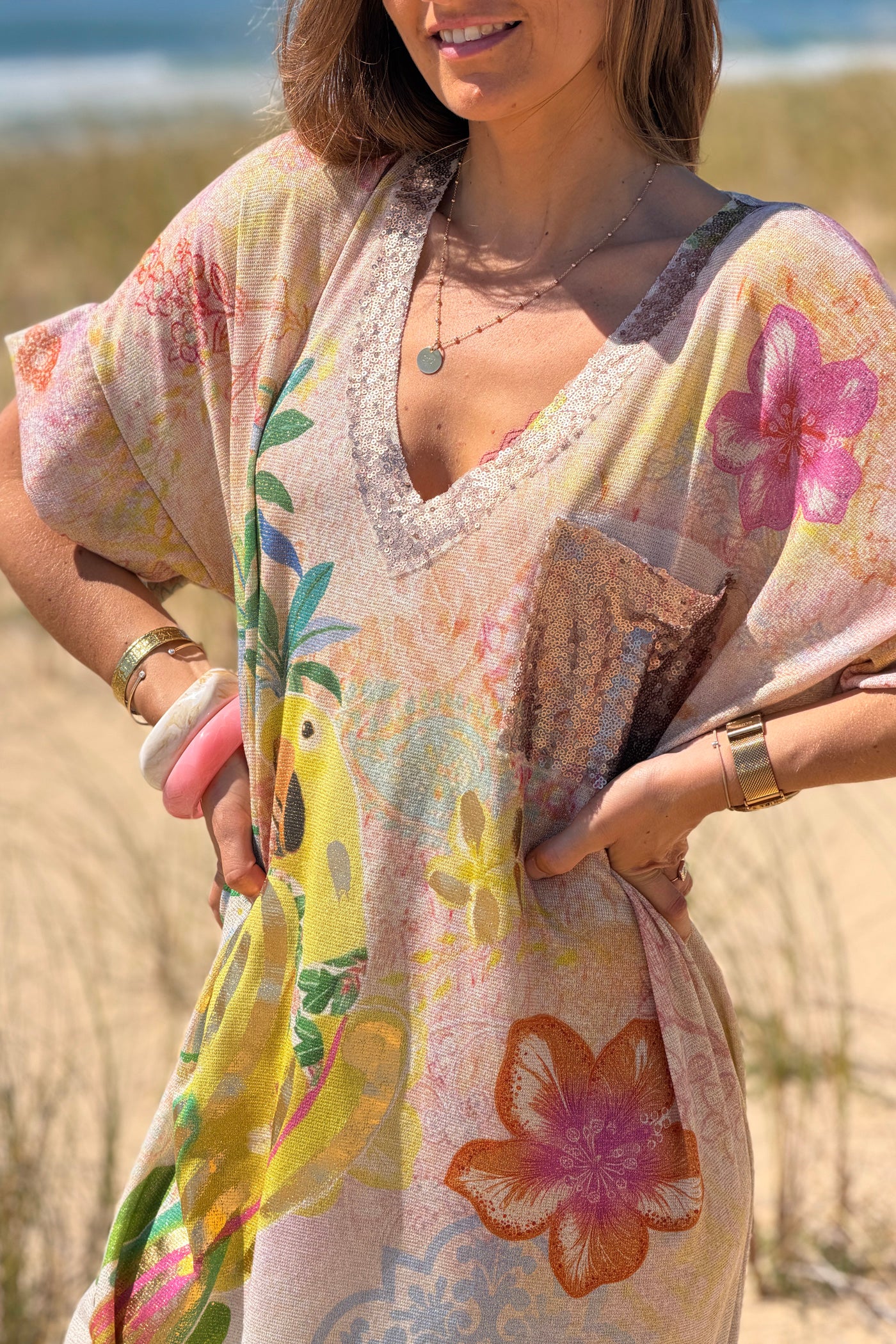 Beige “Lucky” Parrot Glitter Knit Caftan