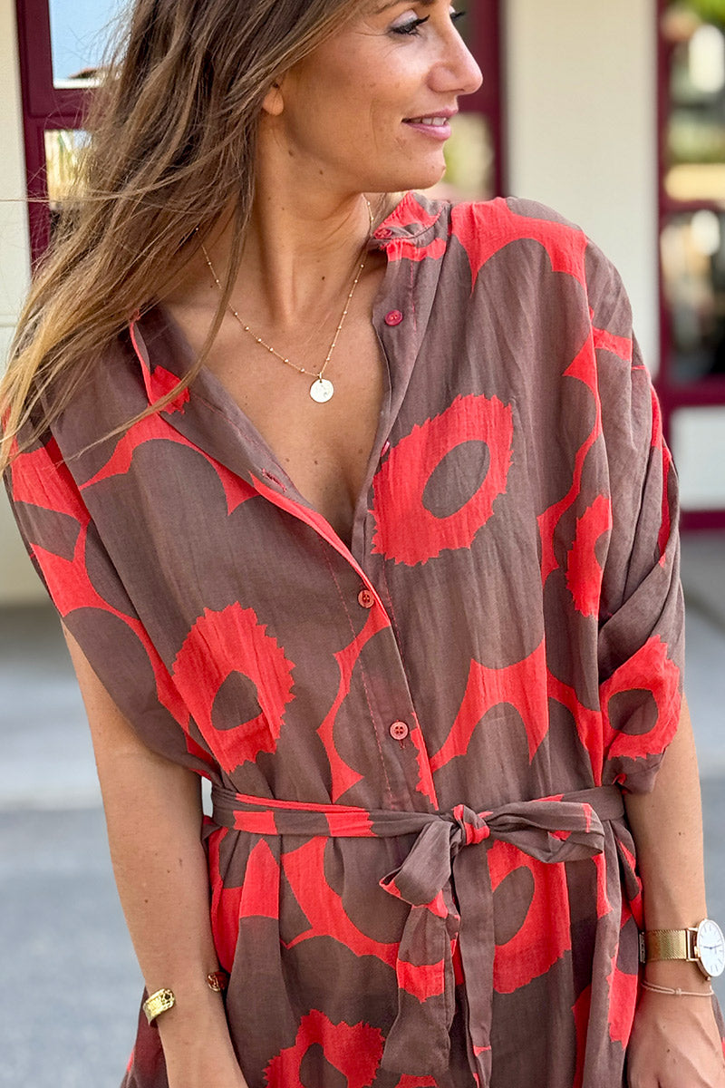 Brown Floral Sleeveless Belted Dress