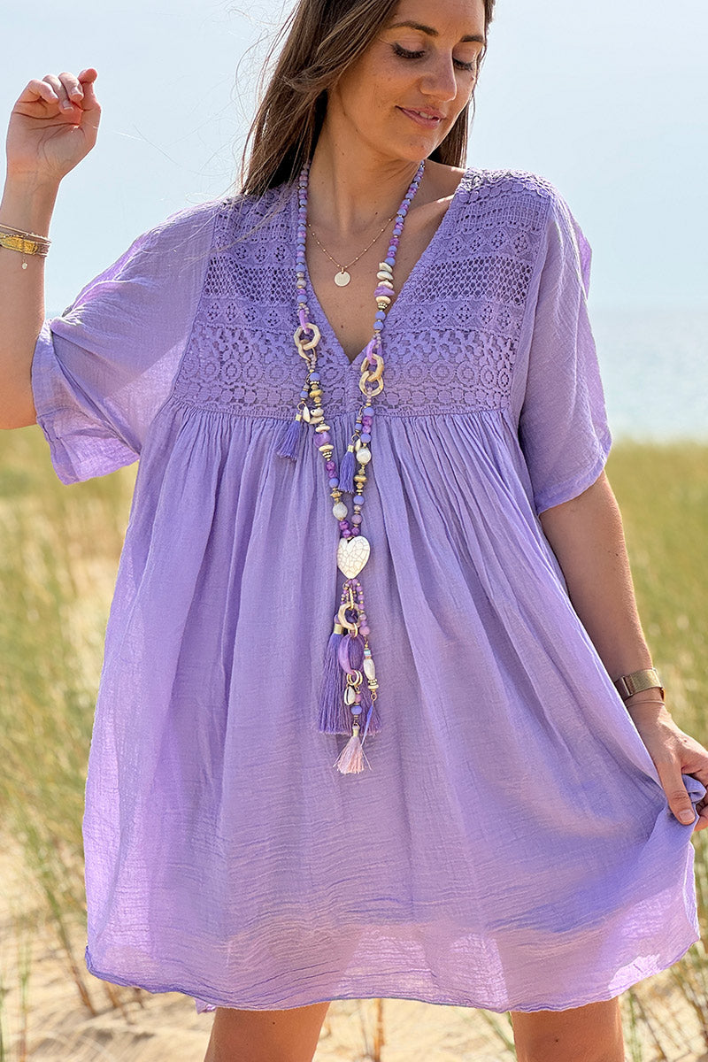 Vestido de voile de algodón lila claro con top de encaje