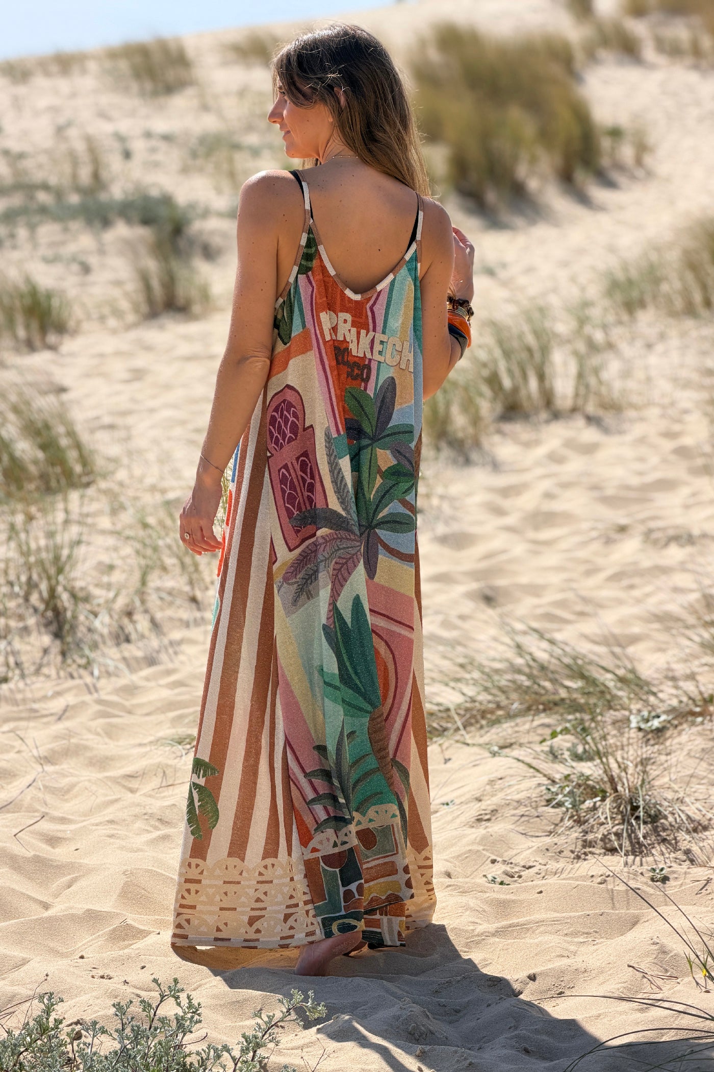 Brown Cabana Stripe Beach Joy Glitter Knit Maxi Dress