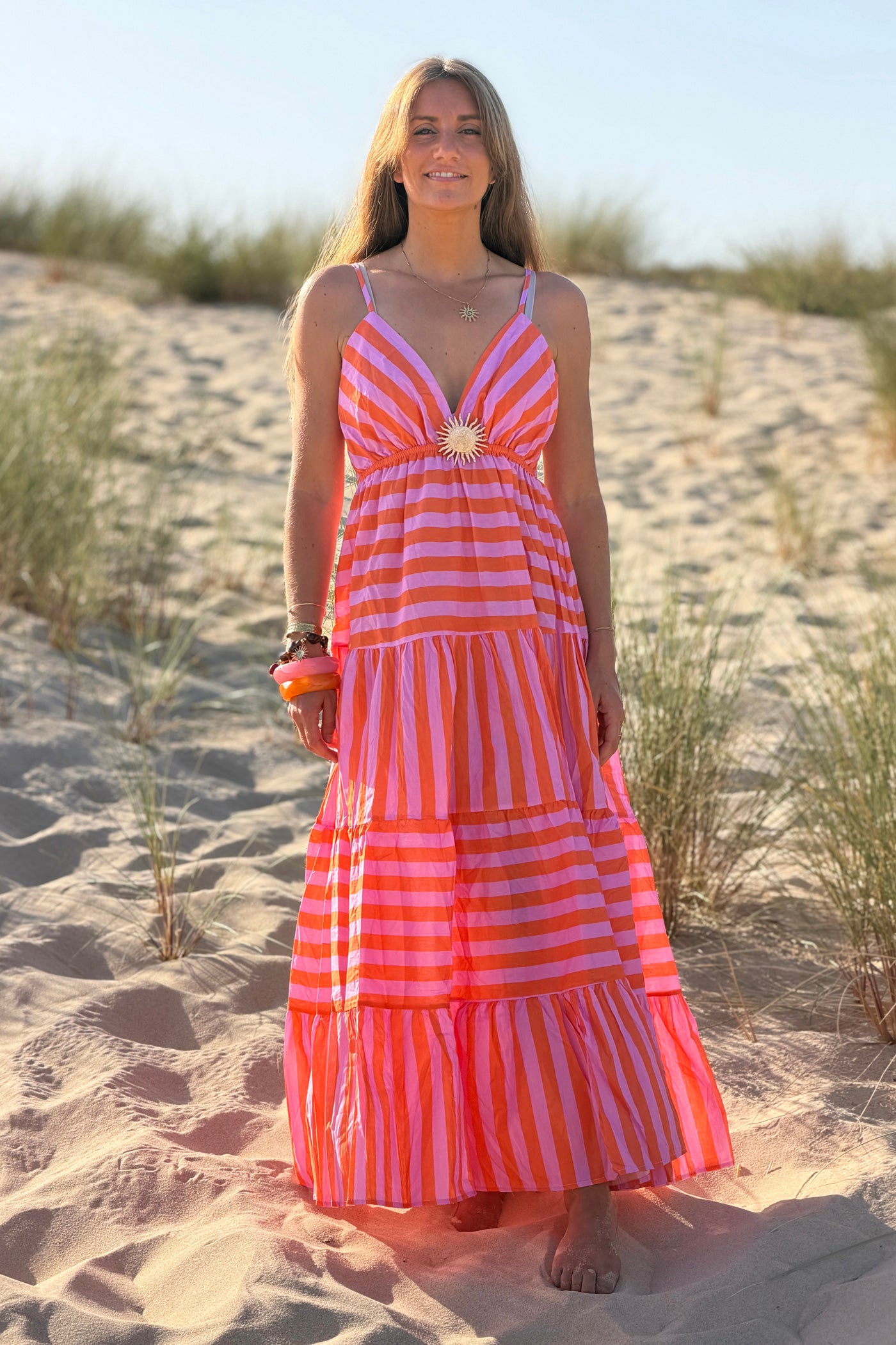 Orange Stripe Sun Brooch Maxi Dress
