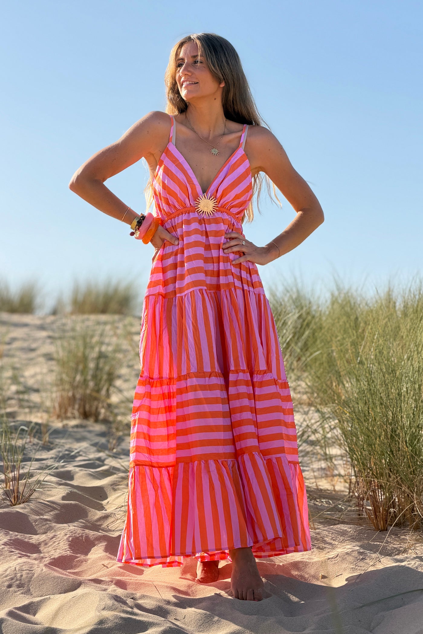 Orange Stripe Sun Brooch Maxi Dress

