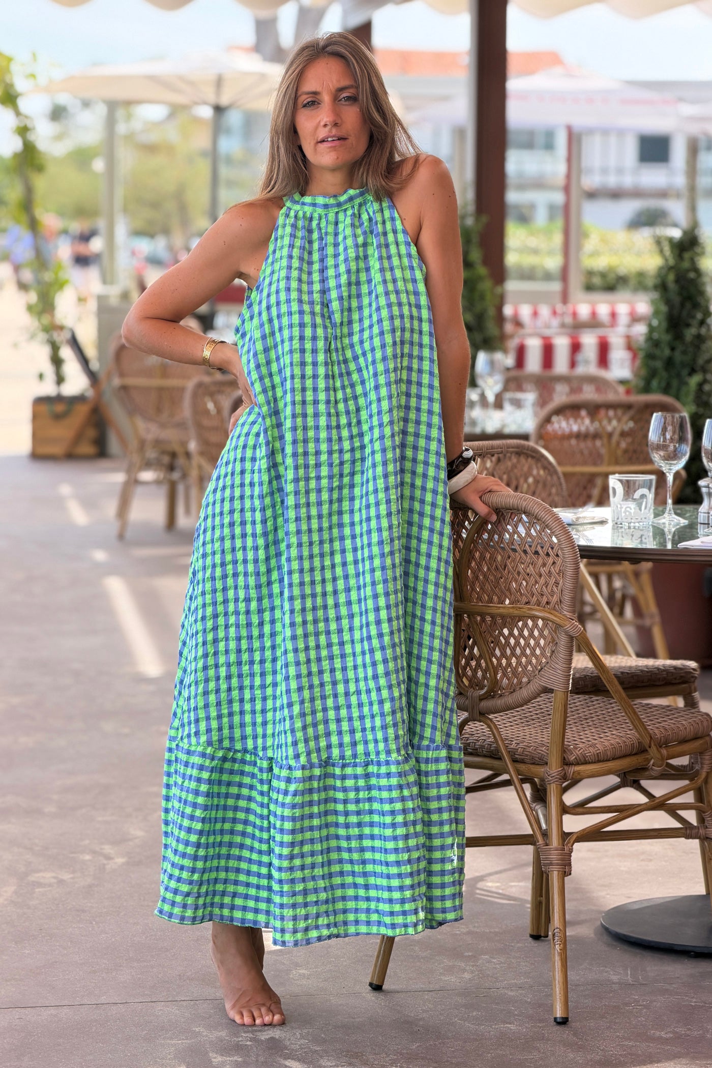 Robe longue à carreaux vert et bleu effet texturé col montant
