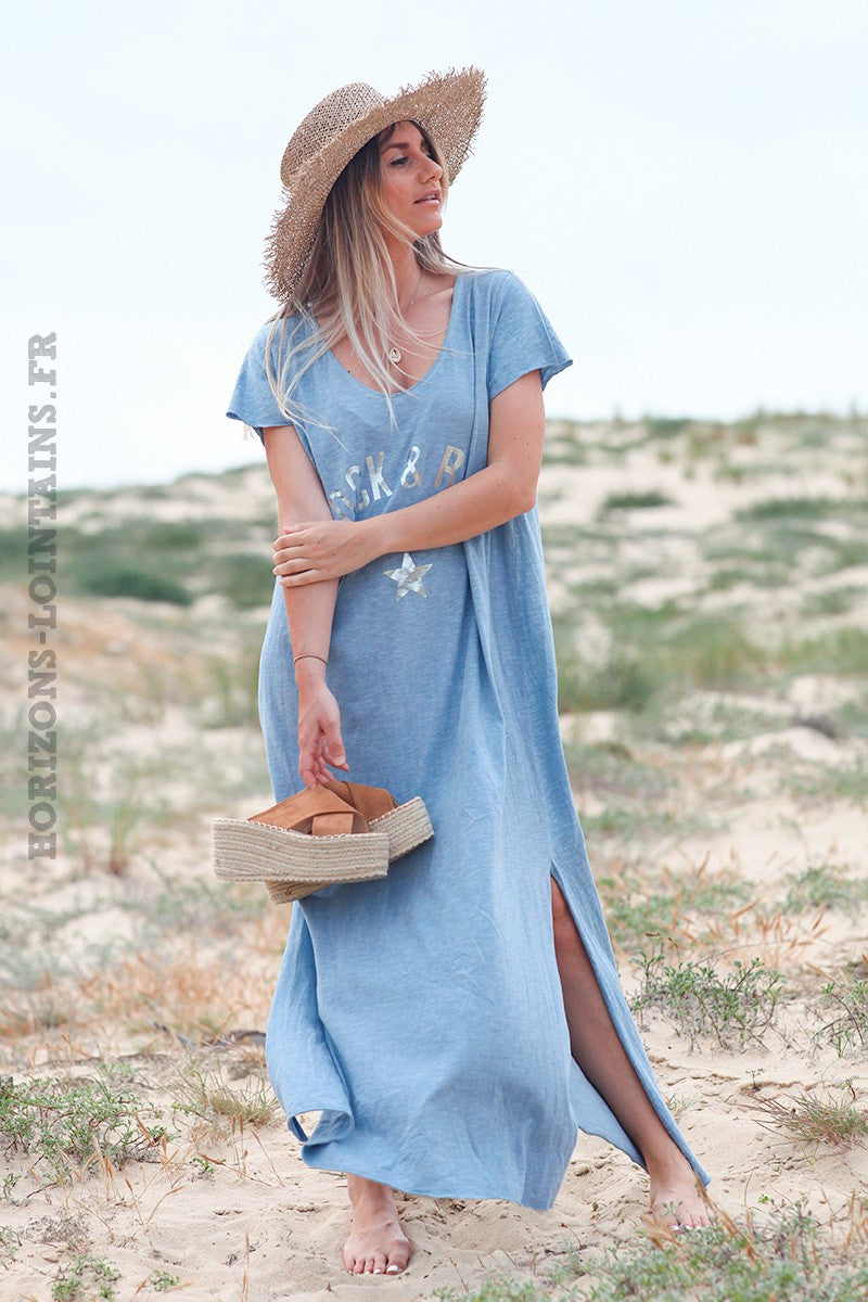 Vestido largo de algodón rock and roll azul cielo