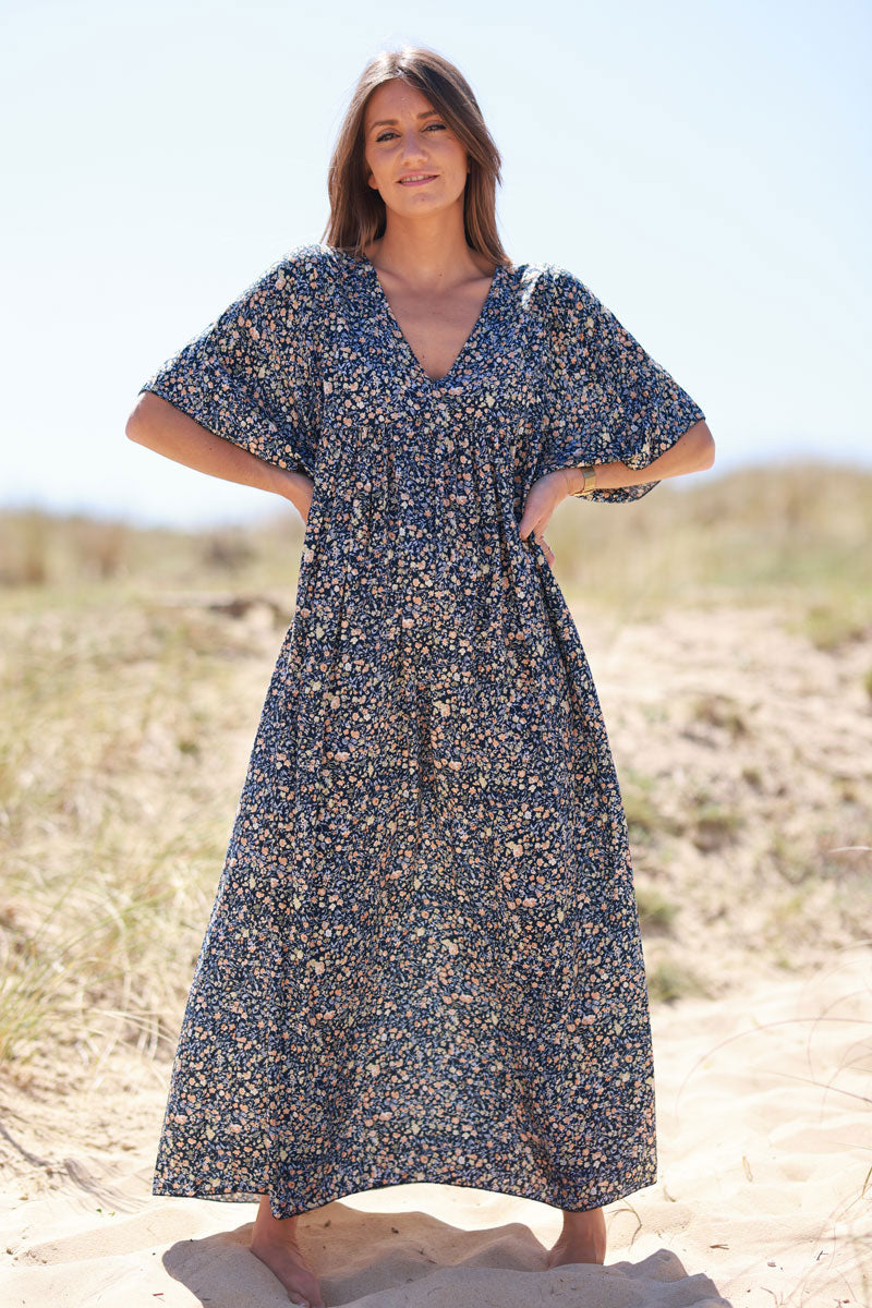Navy Ditsy Floral V-Neck Butterfly Sleeve Maxi Dress