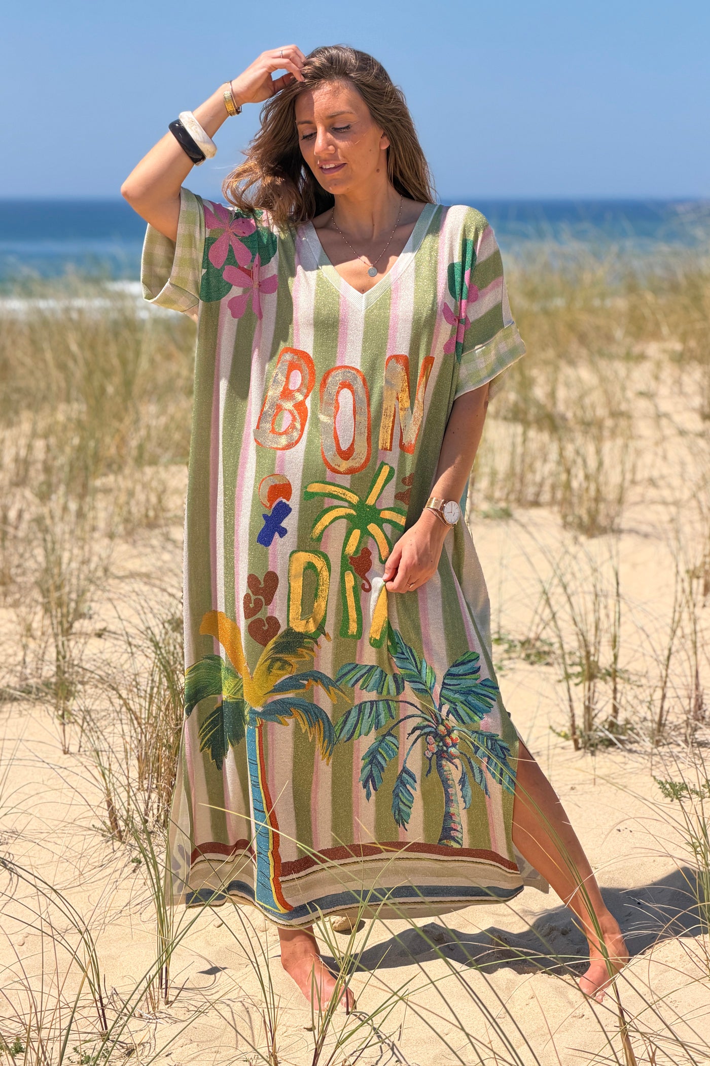 Green Cabana Stripe Glitter Knit Maxi Dress