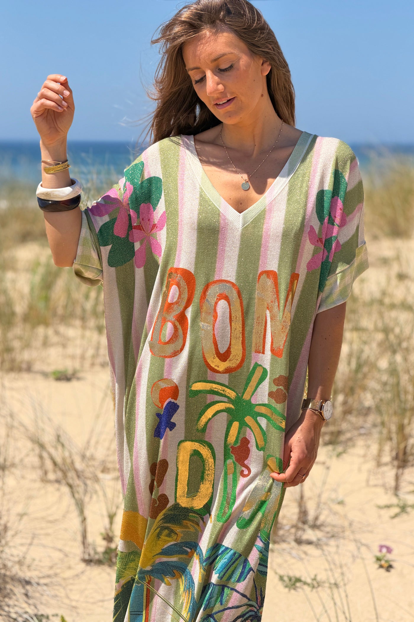 Green Cabana Stripe Glitter Knit Maxi Dress