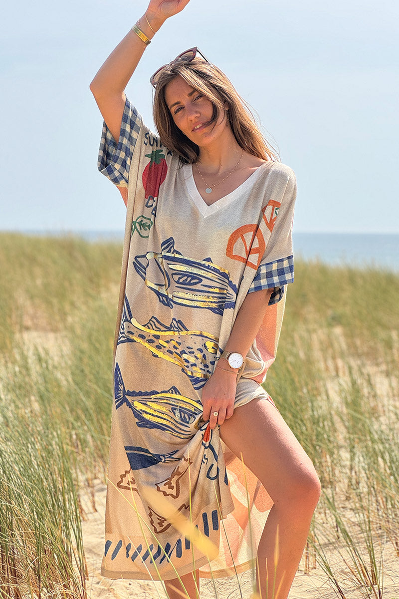 Robe longue brillante et large imprimé Sardine pasta LOVE rayures corail