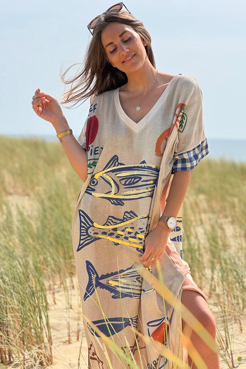 Robe longue brillante et large imprimé Sardine pasta LOVE rayures corail