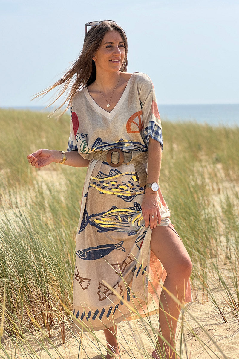 Robe longue brillante et large imprimé Sardine pasta LOVE rayures corail