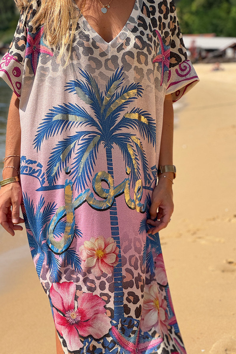 Robe longue brillante et large imprimé palmier léopard hibiscus œil et Joie