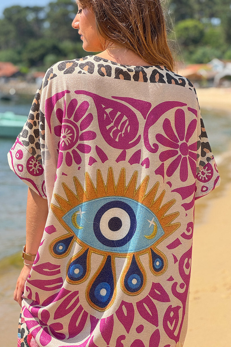 Robe longue brillante et large imprimé palmier léopard hibiscus œil et Joie