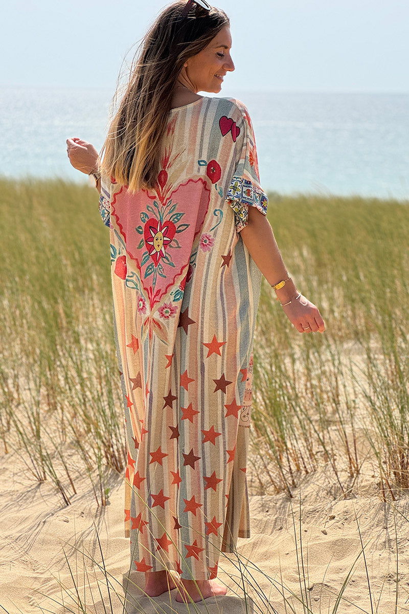 Robe longue brillante et large imprimé rayures pastel symboles Breath