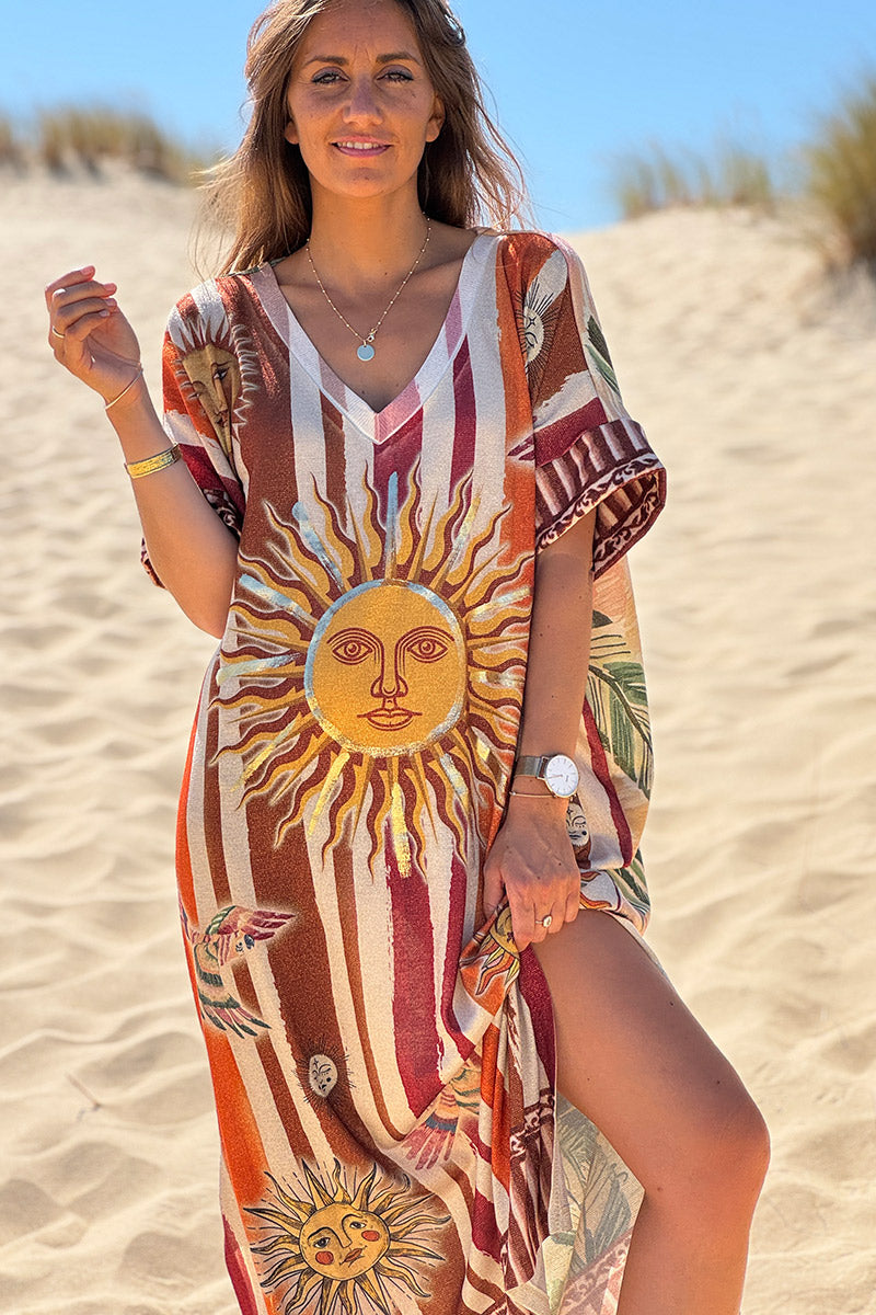 Camel Striped Suns Glitter Knit Caftan
