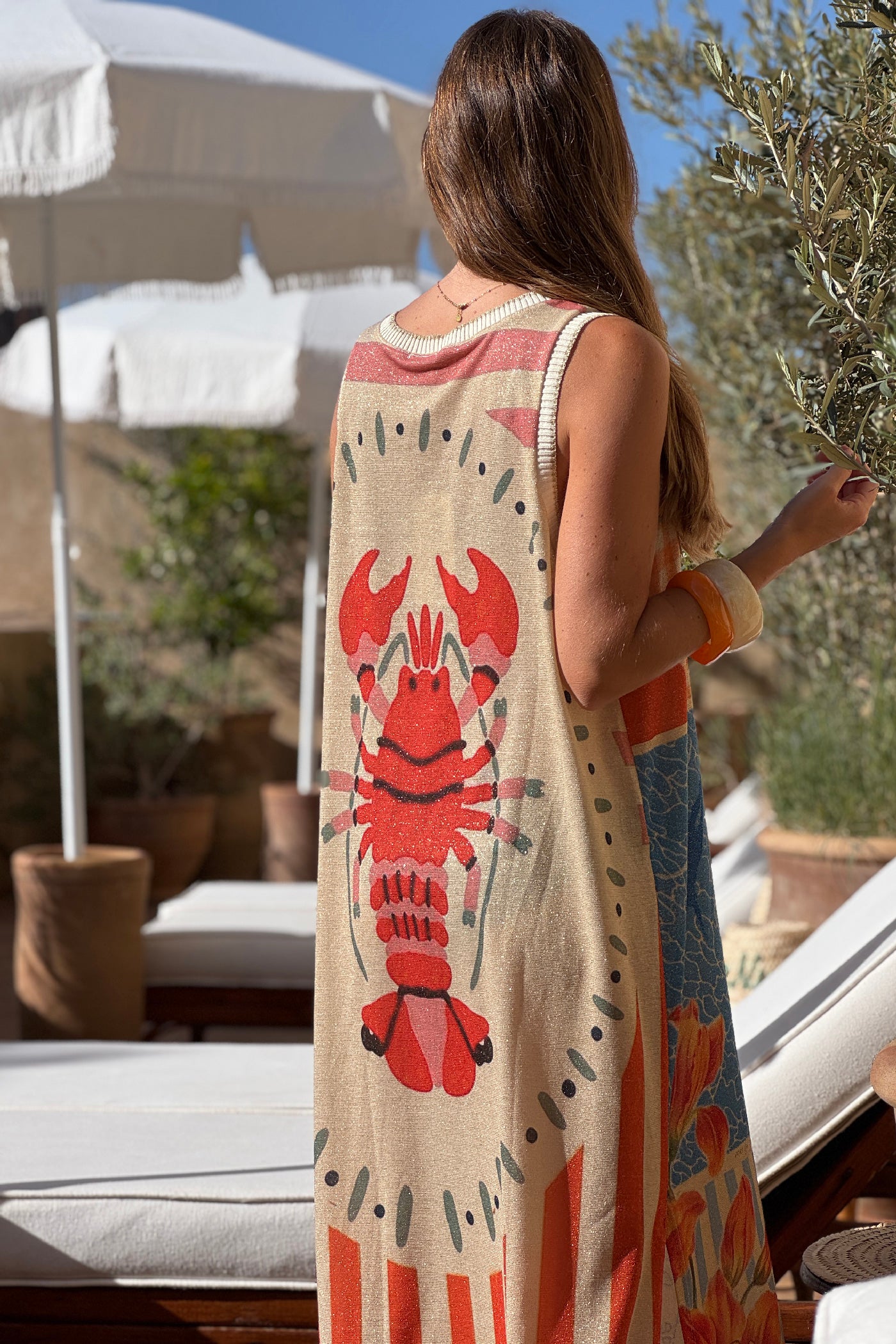 Robe longue brillante lurex à bretelles imprimé Italie coloré homard