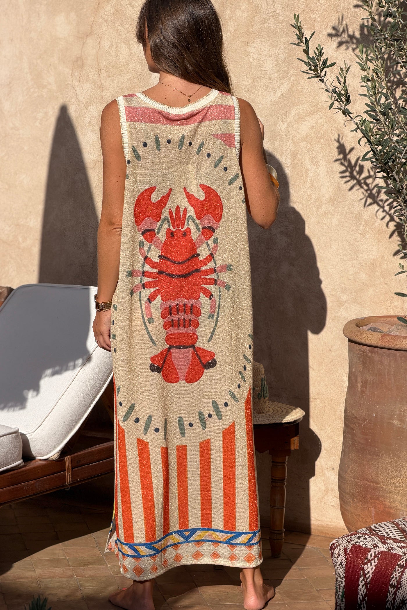 Robe longue brillante lurex à bretelles imprimé Italie coloré homard