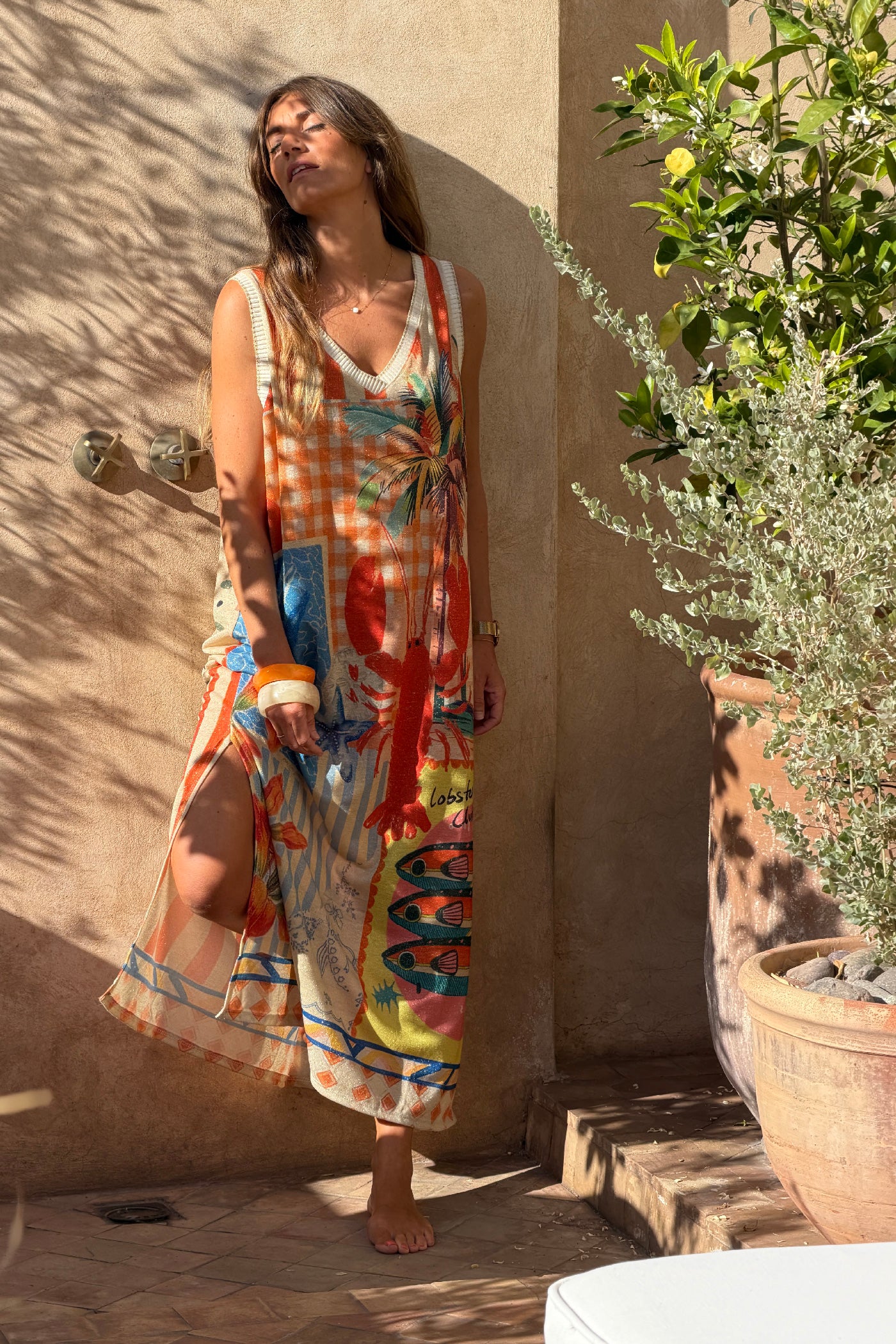 Robe longue brillante lurex à bretelles imprimé Italie coloré homard