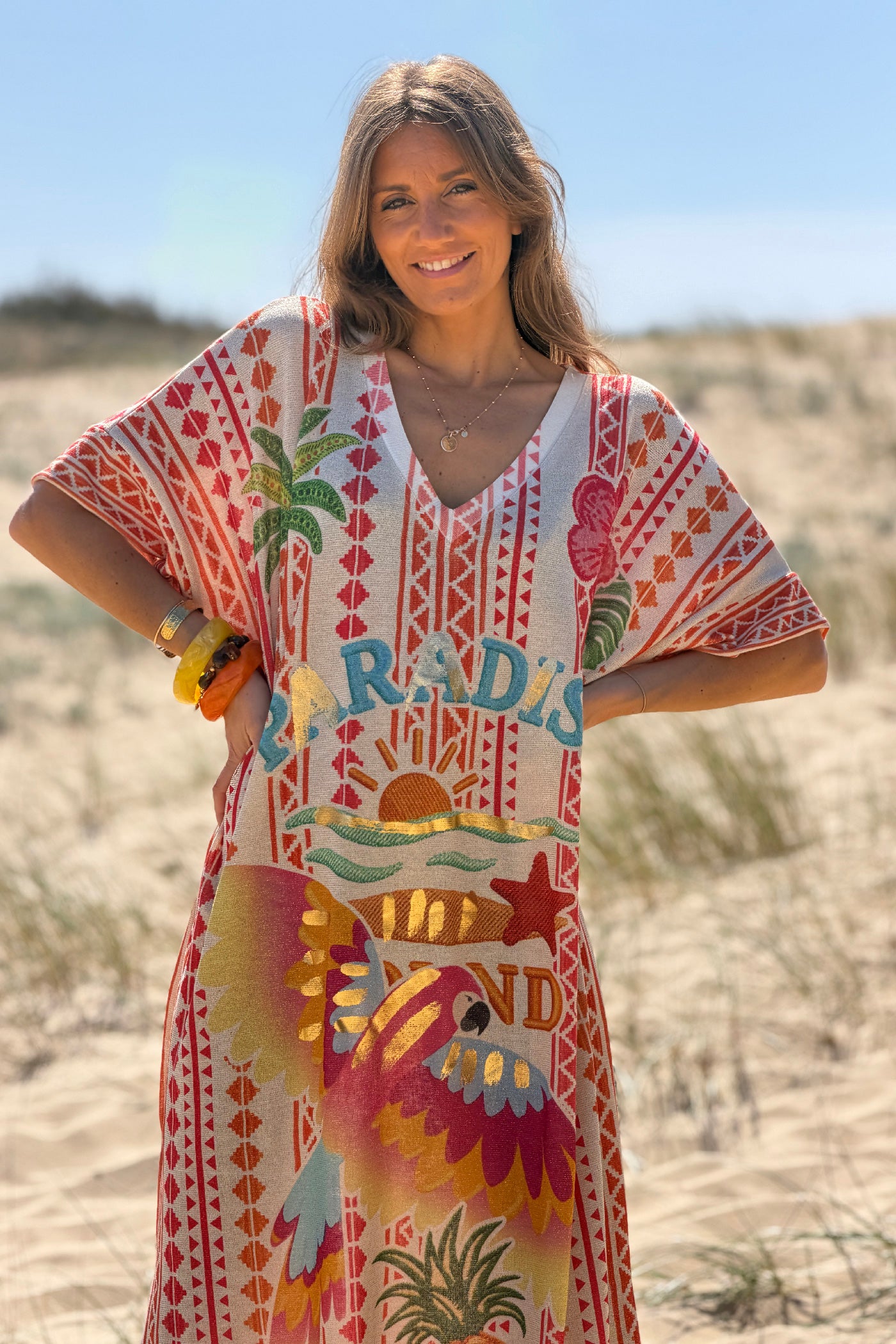 Robe longue brillante lurex imprimé ethnique orange Paradise Sunset