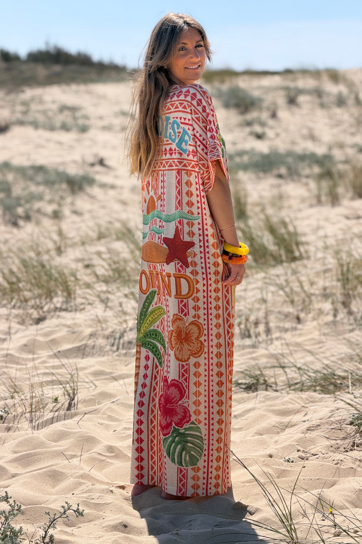 Robe longue brillante lurex imprimé ethnique orange Paradise Sunset