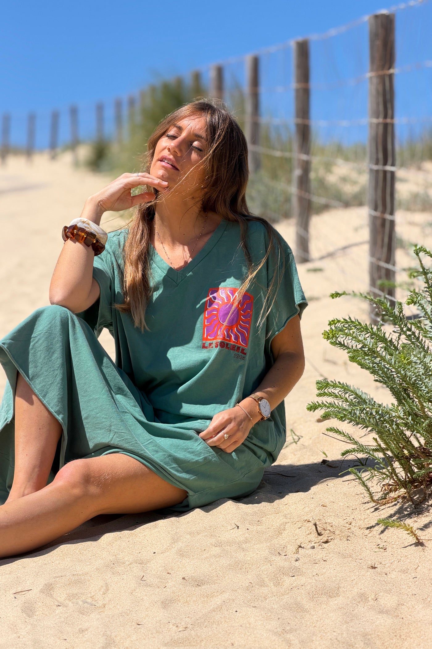 Robe longue confort vert délavé en coton stretch col v imprimé le soleil