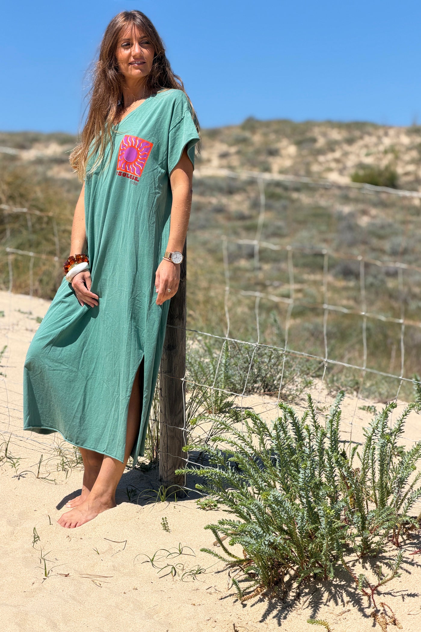 Robe longue confort vert délavé en coton stretch col v imprimé le soleil