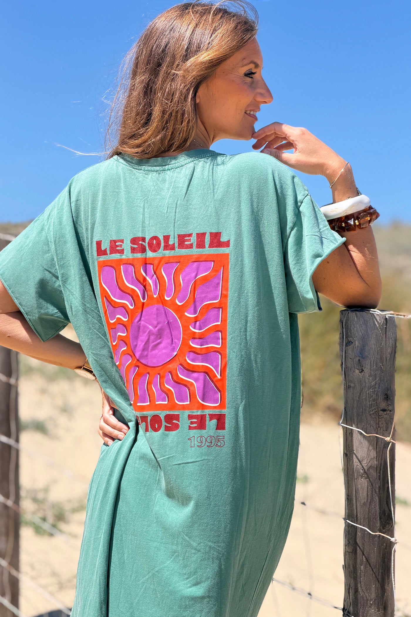 Robe longue confort vert délavé en coton stretch col v imprimé le soleil