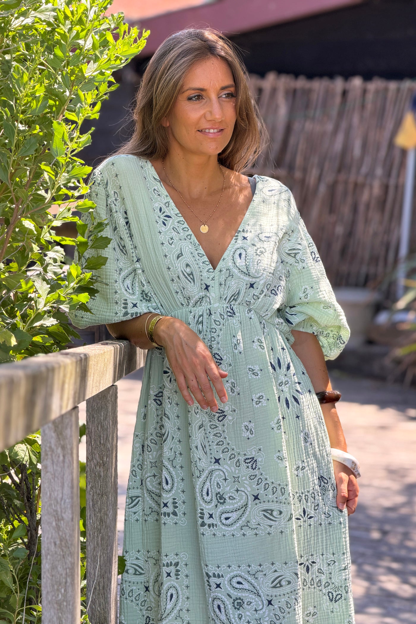 Sage Green Gauze Bandana Print Dress
