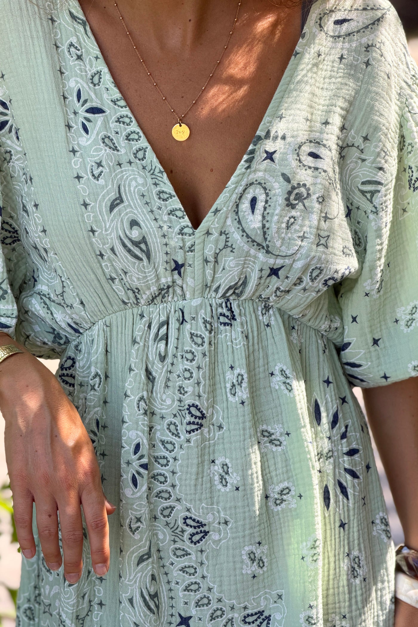 Sage Green Gauze Bandana Print Dress