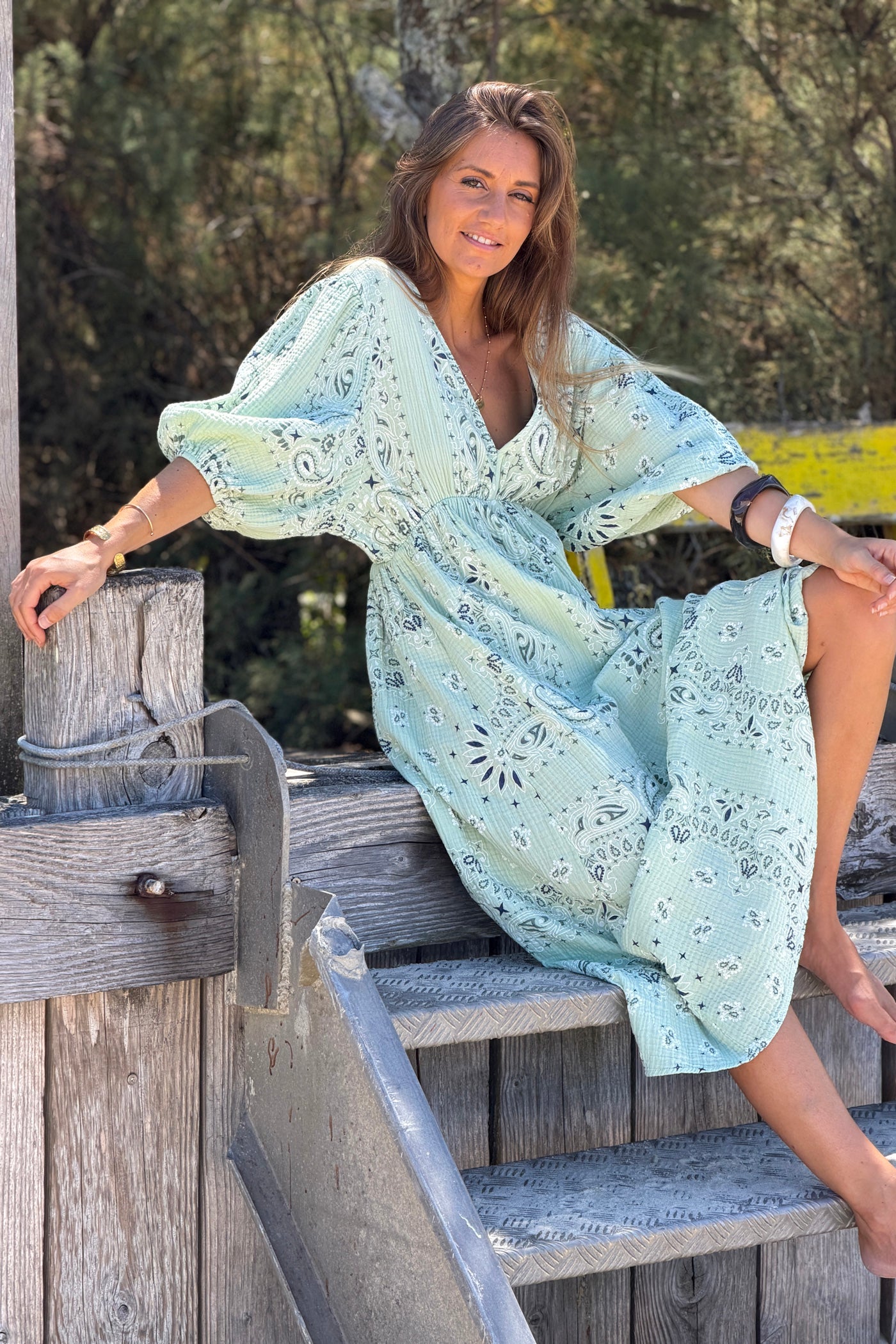 Sage Green Gauze Bandana Print Dress