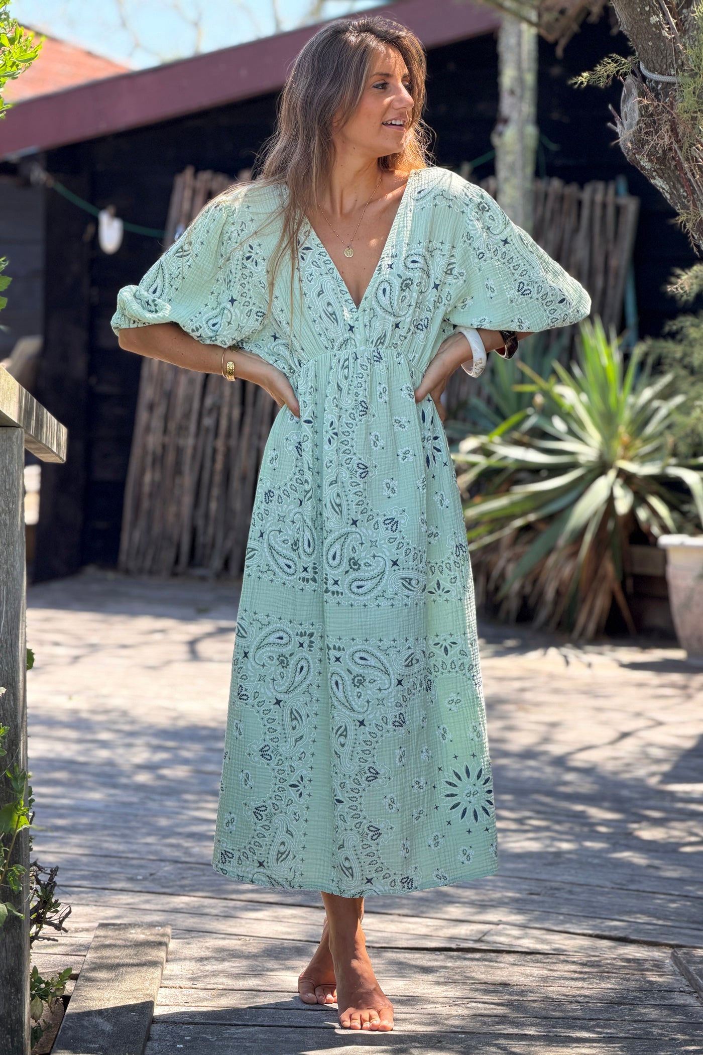 Sage Green Gauze Bandana Print Dress