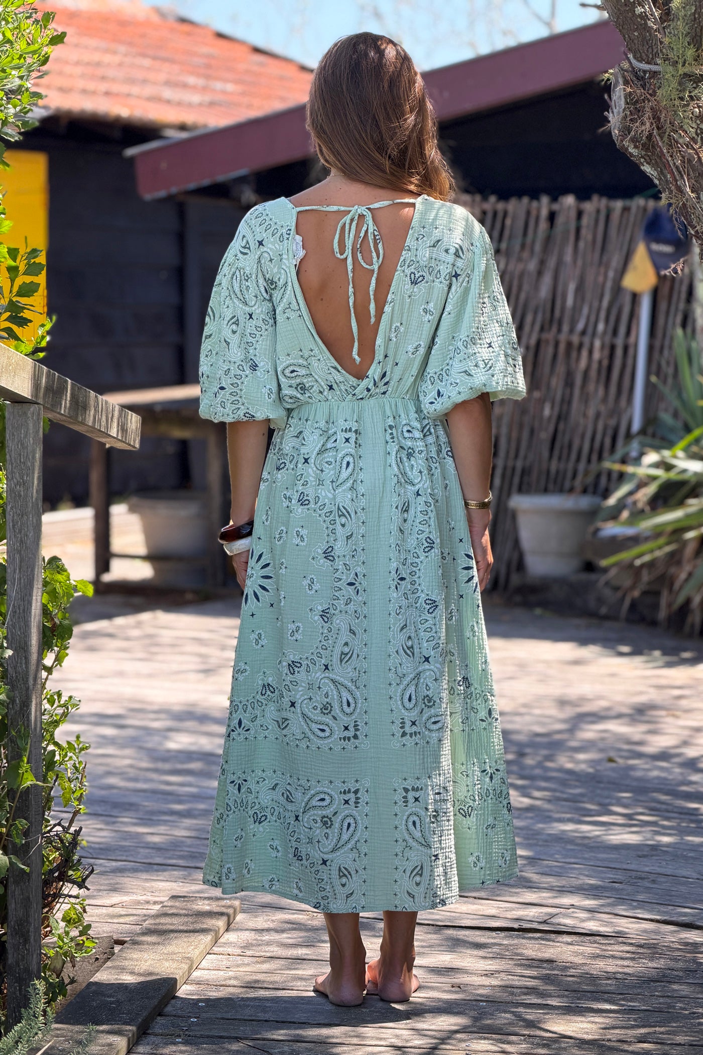 Sage Green Gauze Bandana Print Dress