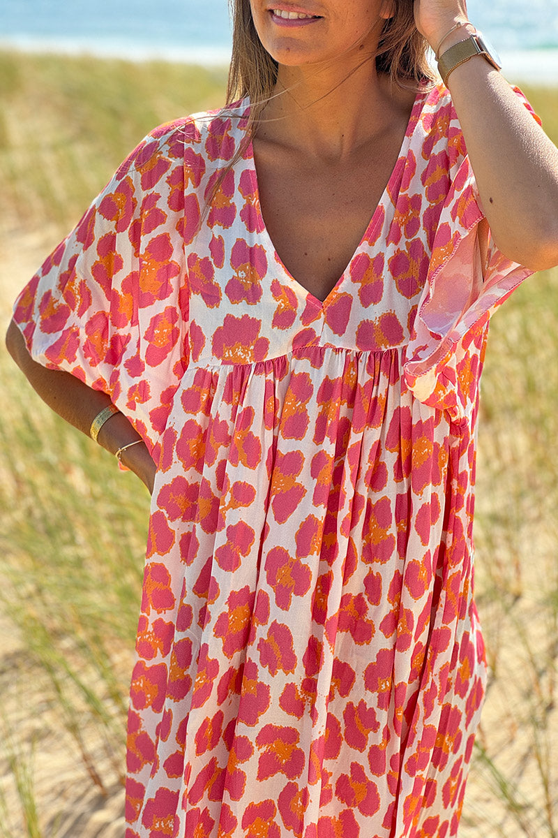 Pink Leopard Print V-Neck Caftan
