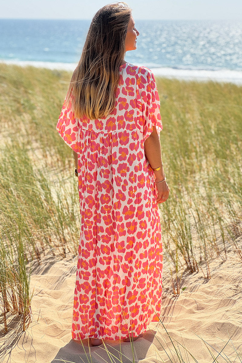 Pink Leopard Print V-Neck Caftan
