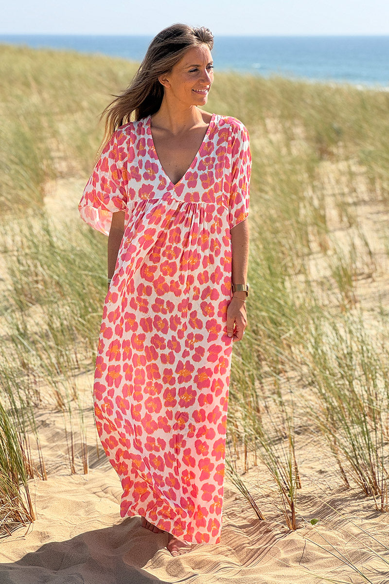Pink Leopard Print V-Neck Caftan
