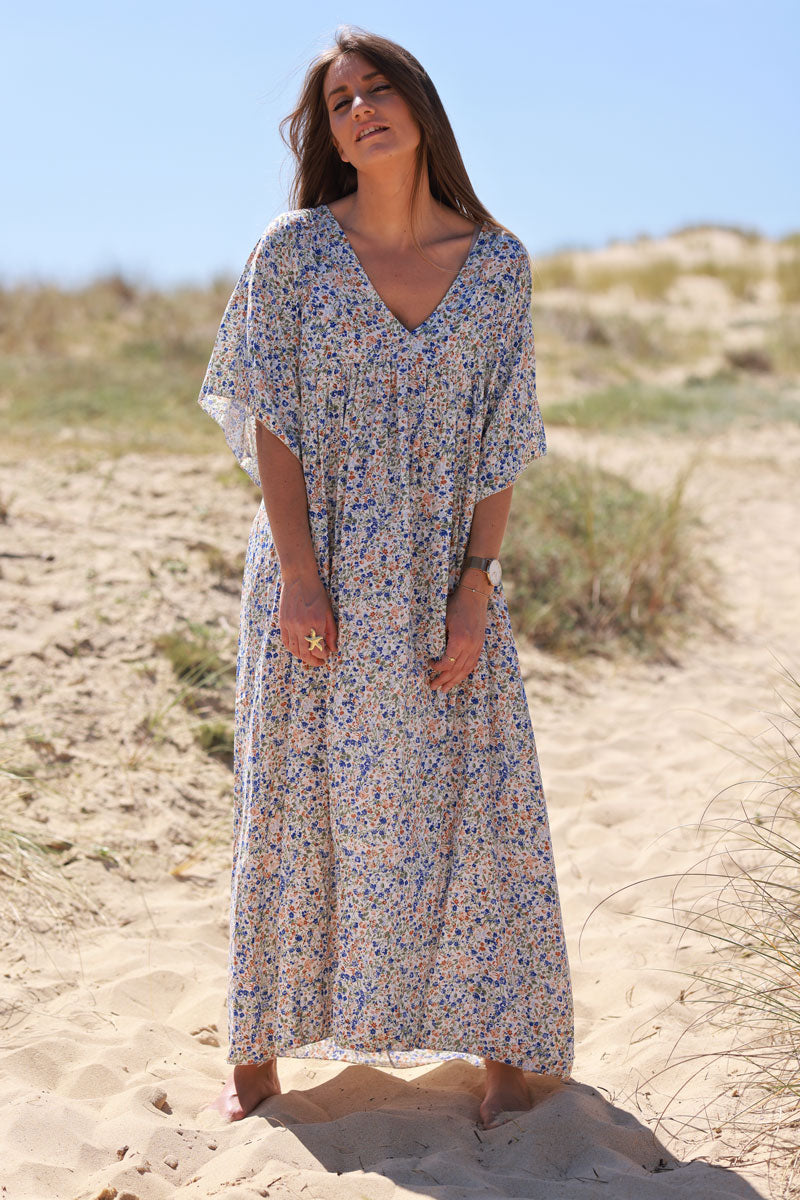 Royal blue Ditsy Floral V-Neck Butterfly Sleeve Maxi Dress
