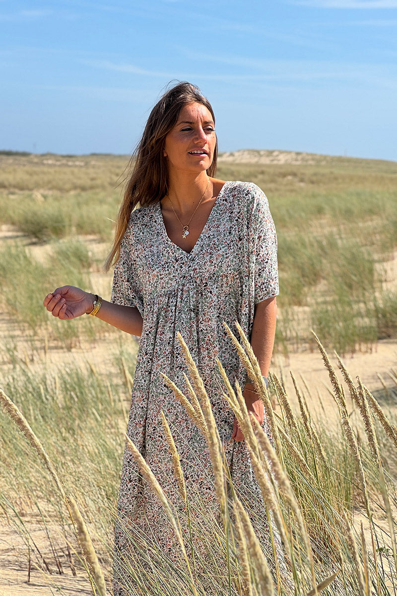 Robe longue fluide col V manches courtes imprimé liberty vert sauge