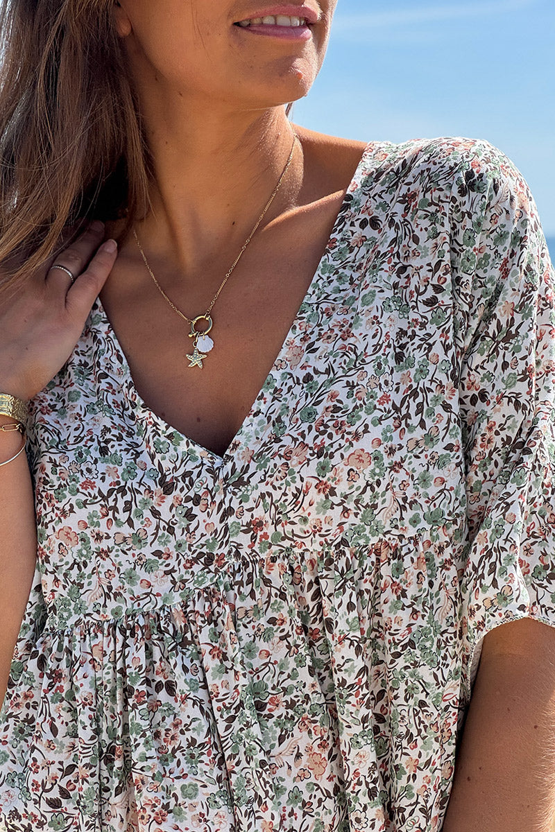Robe longue fluide col V manches courtes imprimé liberty vert sauge