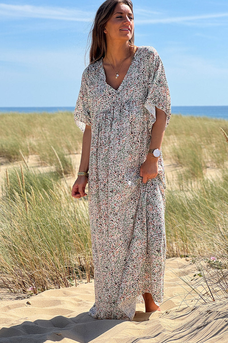 Robe longue fluide col V manches courtes imprimé liberty vert sauge