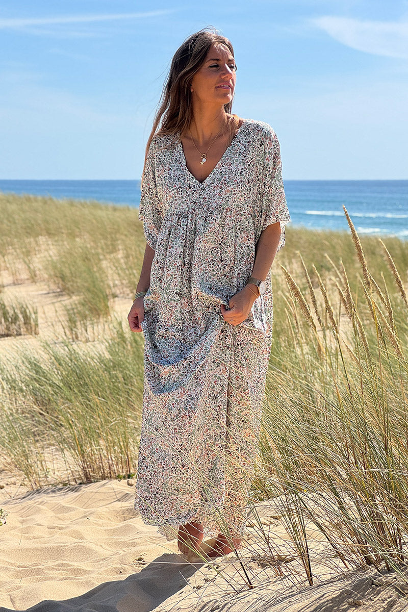 Robe longue fluide col V manches courtes imprimé liberty vert sauge