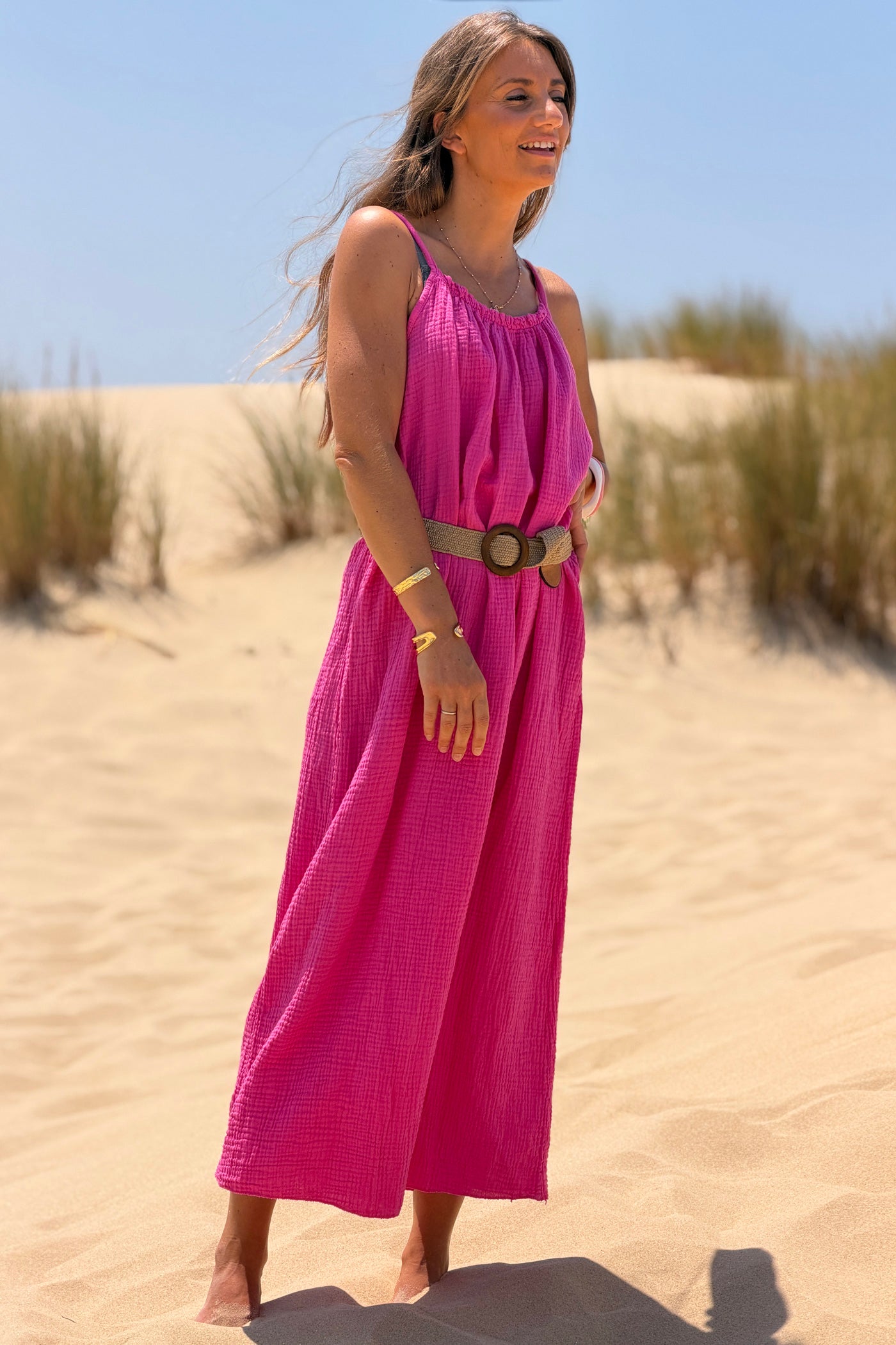 Hot Pink Crinkle Gauze Maxi Dress