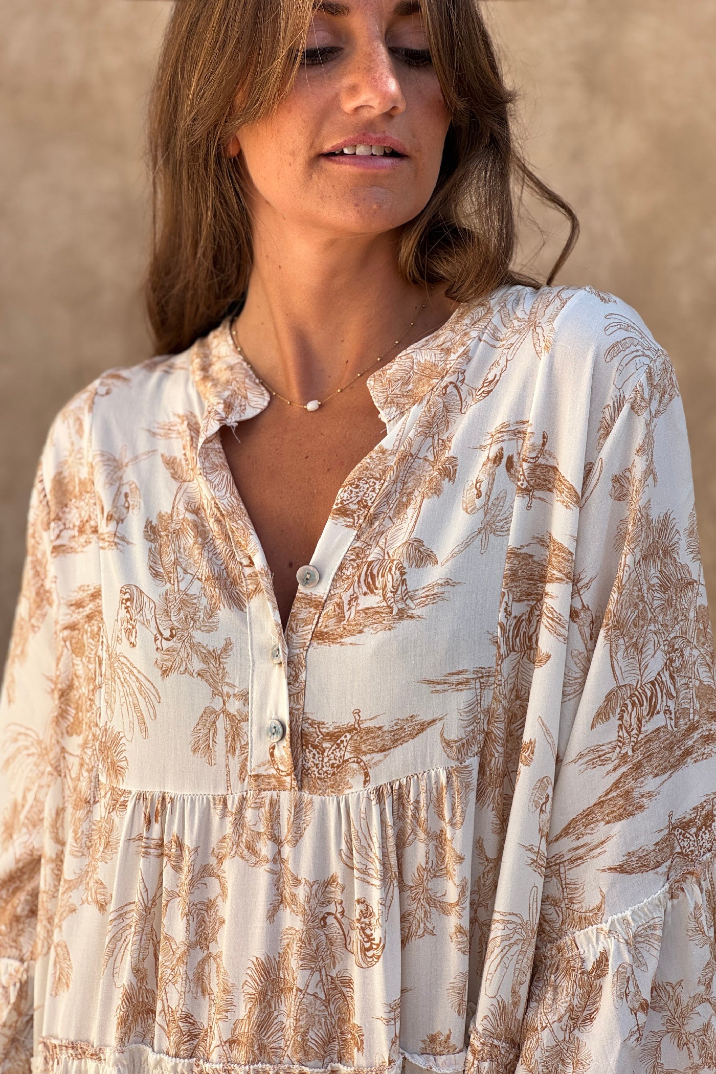 Robe longue toile de jouy beige