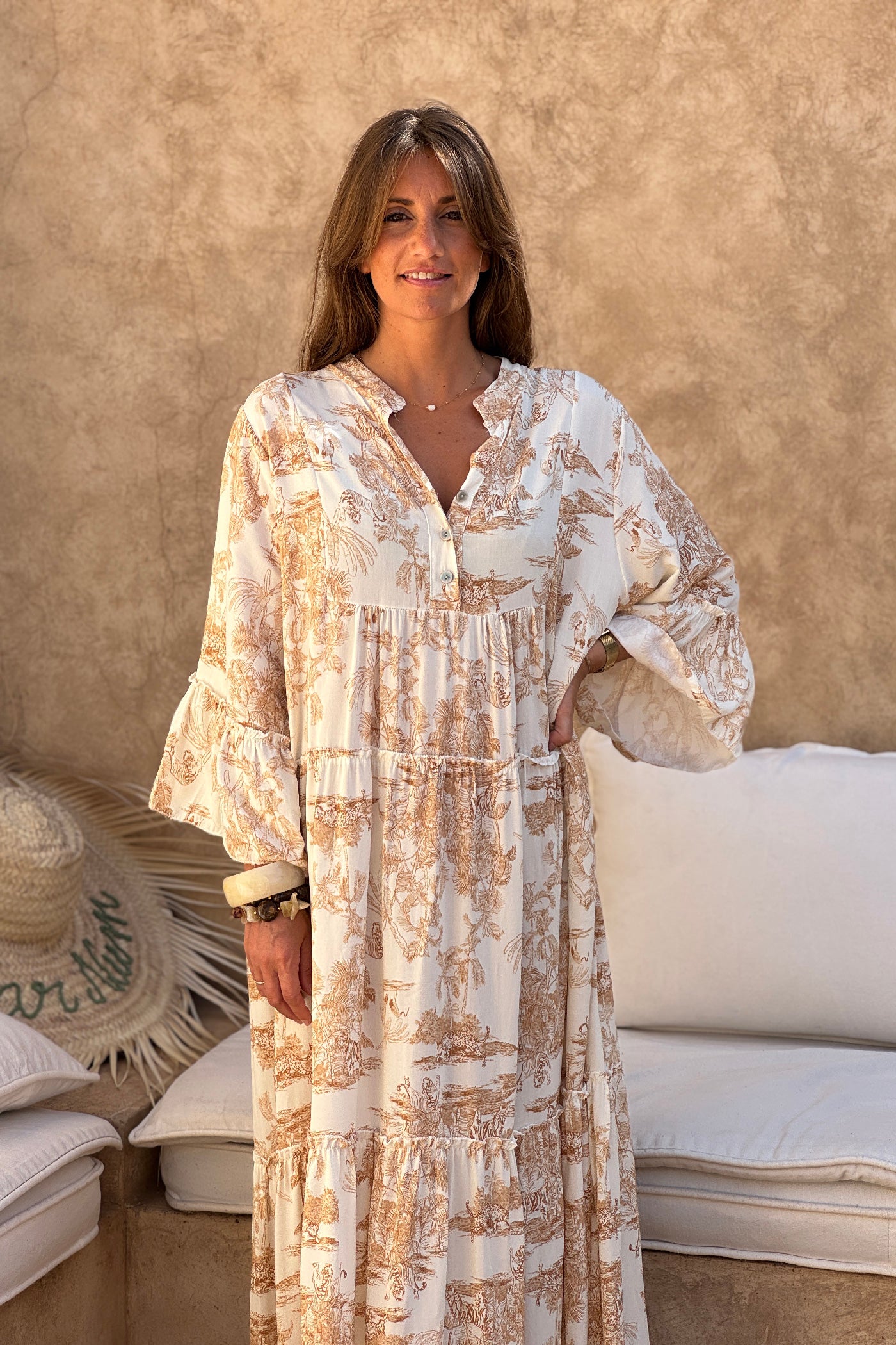 Robe longue toile de jouy beige